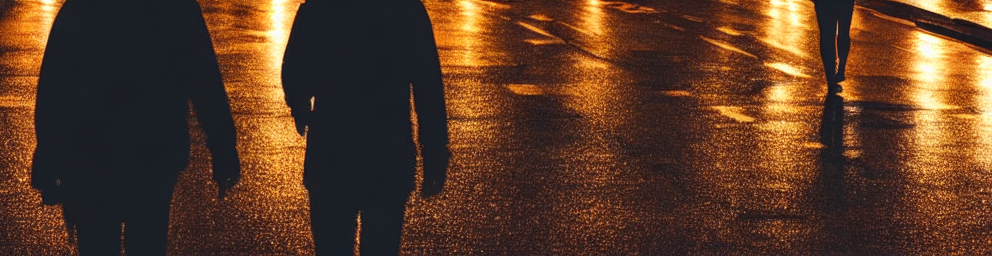 Two silhouettes walking at night
